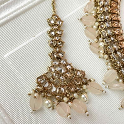 Gold Crystal Necklace Set - Gold & Peach - Image 3
