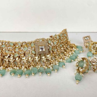 Kundan x American Diamond Choker set - Gold & Mint
