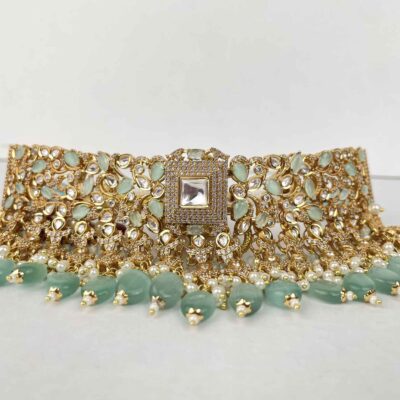 Kundan x American Diamond Choker set - Gold & Mint - Image 2