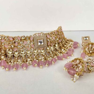 Kundan x American Diamond Choker set - Gold & Pink