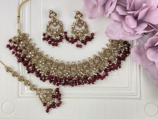 Crystal Cascade Necklace Set - Maroon
