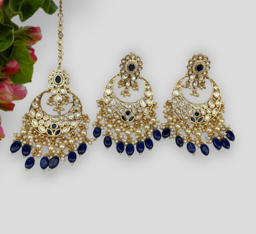 Navy Golden Gleam Beaded Earring & Tikka Set