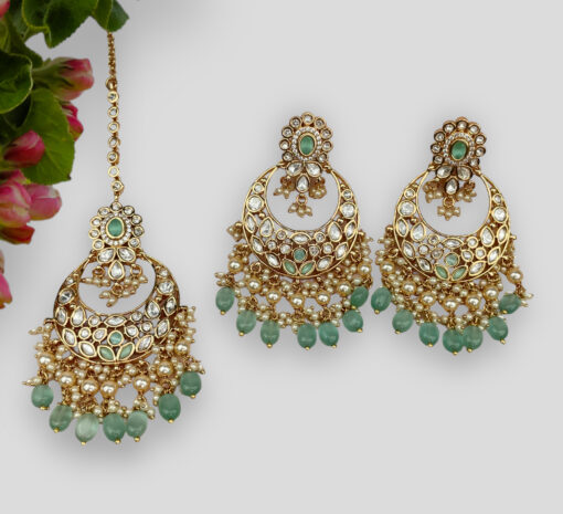Mint Golden Gleam Beaded Earring & Tikka Set