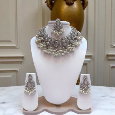 Silver base bridal jewellery set with clear zircon stones