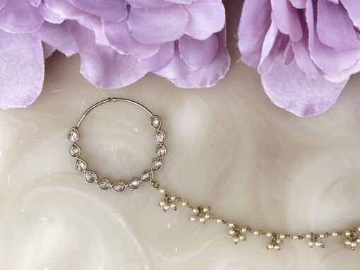 Teardrop Shaped Stone Nose Ring with Pearl Chain - Image 2