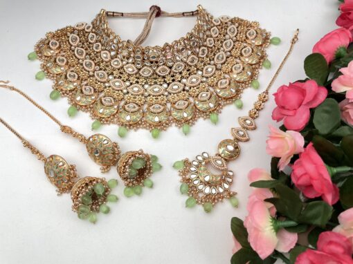 Statement Eyelet Mirror Enamel Necklace Set - Mint