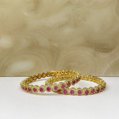 American Diamond Thinner Intricate Gold & Ruby Kara Set