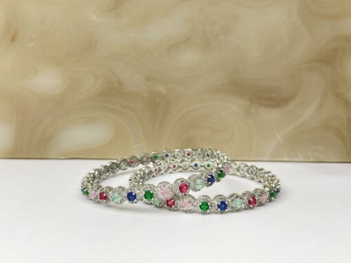 American Diamond Thinner Intricate Silver & Multi Kara Set