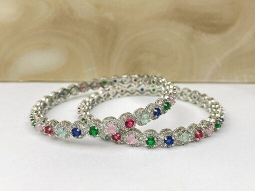 American Diamond Thinner Intricate Silver & Multi Kara Set - Image 2