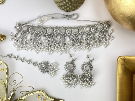 Antique Silver Clustered Pearl Drop Choker Set