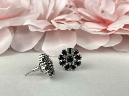 Black Round Flower American Diamond Studs - Image 2
