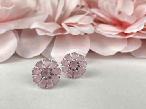 Baby Pink Round Flower American Diamond Studs