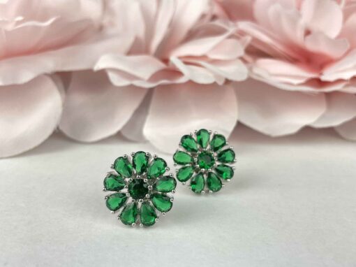 Green Round Flower American Diamond Studs