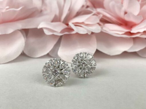 White Silver Round Flower American Diamond Studs