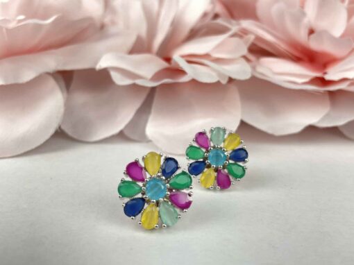 Multi Colour Round Flower American Diamond Studs