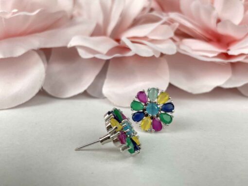 Multi Colour Round Flower American Diamond Studs - Image 2
