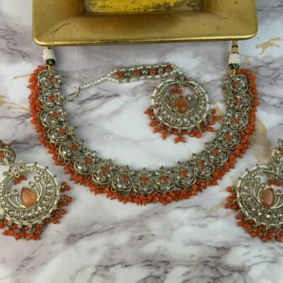 Orange Antique Gold Beaded Harmony Indian Costume Jewellery Set