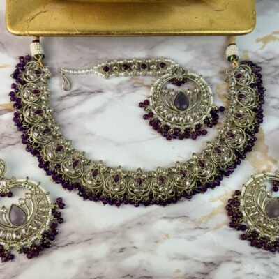 Purple Antique Gold Beaded Harmony Indian Costume Jewellery Set