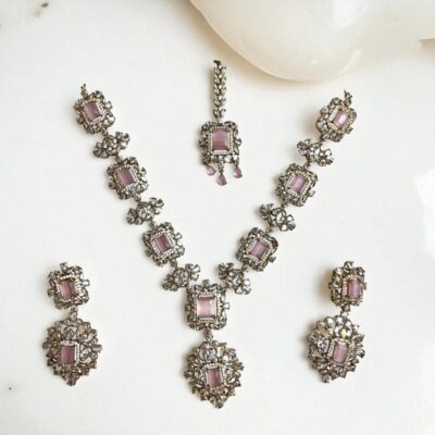 American Diamond Necklace Earrings & Tikka Luxury Indian Bridal Jewelry Set
