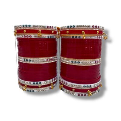 Indian Sikh Bridal Choora Set for 2 Hands – Blood Red Shaadi Suhaag Bangles – Punjabi Wedding Chura with Ivory Look Design