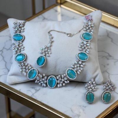 Bridal Necklace Set with Earrings & Tikka – American Diamond Jewelry – Multi-Color Wedding Party Wear