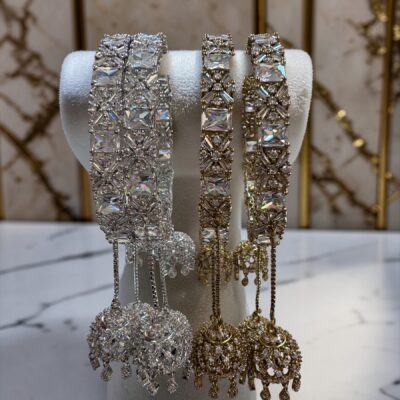 Triple Jhumki Drop Kara Set – Bridal Crystal Bangles (Mehndi Gold & Silver)