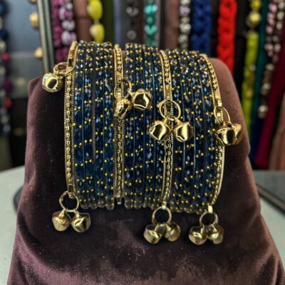 Glass Raindrop Bangles Set (12) with Antique Kashmiri Silent Kungru (NO SOUND) Bangles (4) – Bridal Churi Set | Traditional Indian & Pakistani Wedding Jewelry (Copy)
