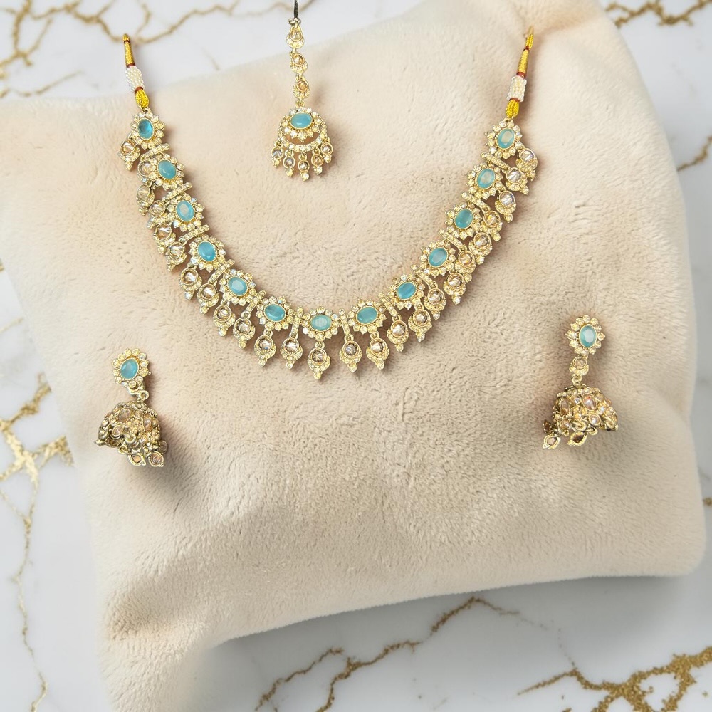 Champagne Crystal Bridal Necklace Set with Tikka & Jhumki Earrings – Elegant Wedding Jewellery - Image 9