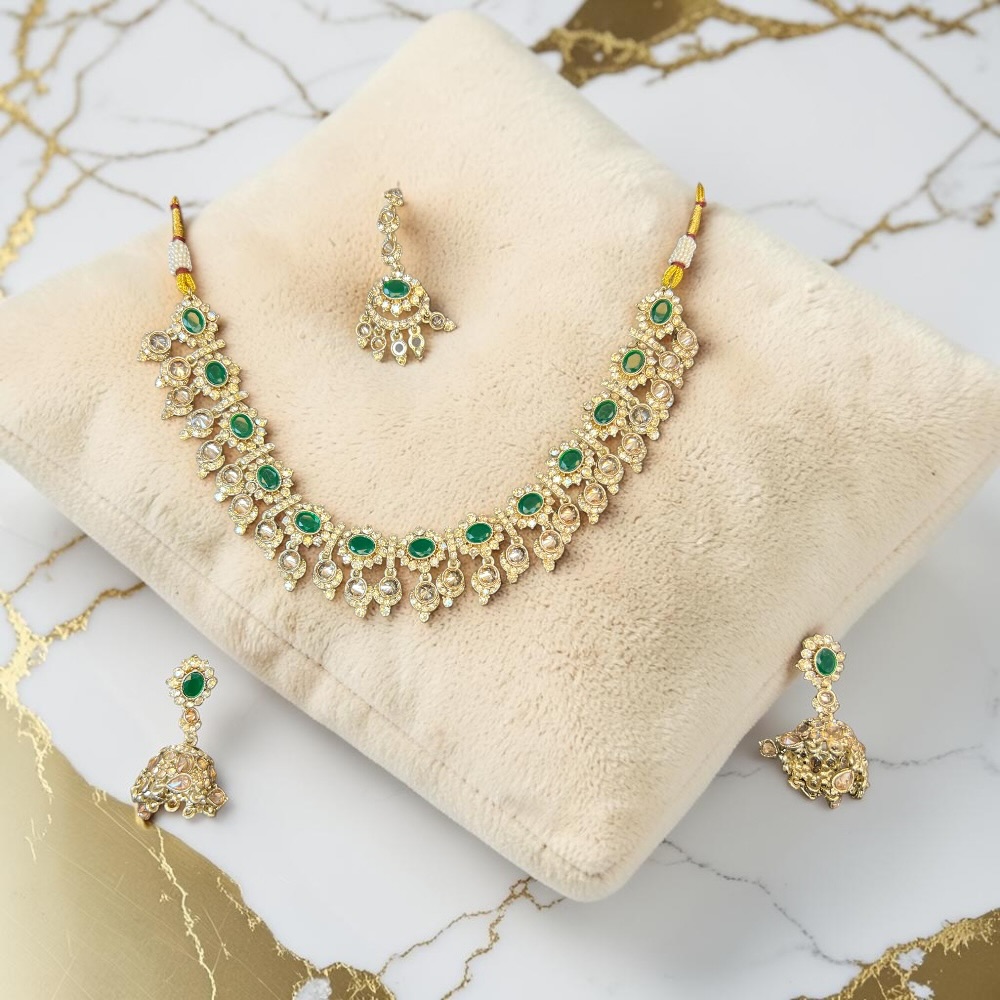 Champagne Crystal Bridal Necklace Set with Tikka & Jhumki Earrings – Elegant Wedding Jewellery - Image 2