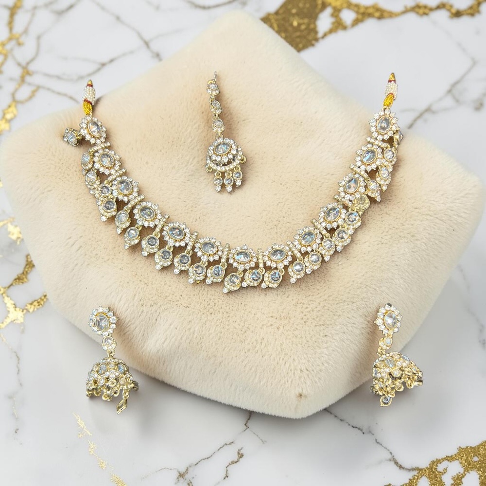 Champagne Crystal Bridal Necklace Set with Tikka & Jhumki Earrings – Elegant Wedding Jewellery - Image 12
