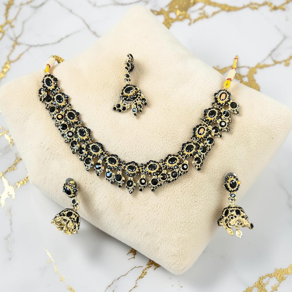Champagne Crystal Bridal Necklace Set with Tikka & Jhumki Earrings – Elegant Wedding Jewellery - Image 3