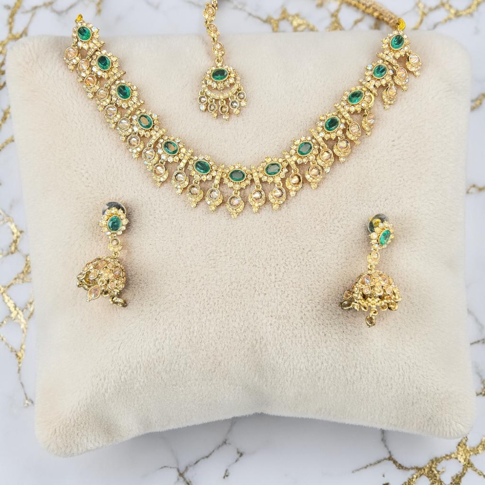 Champagne Crystal Bridal Necklace Set with Tikka & Jhumki Earrings – Elegant Wedding Jewellery - Image 8