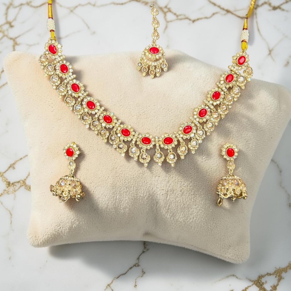 Champagne Crystal Bridal Necklace Set with Tikka & Jhumki Earrings – Elegant Wedding Jewellery - Image 11
