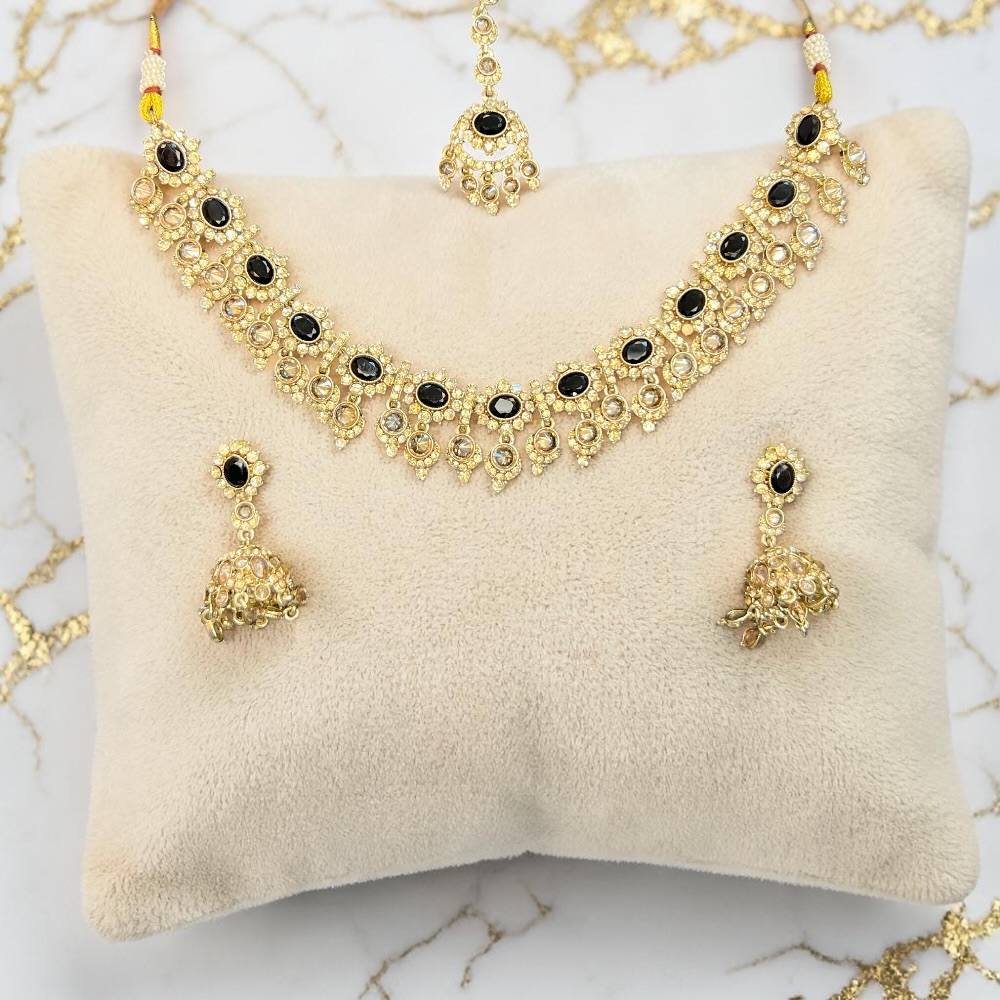 Champagne Crystal Bridal Necklace Set with Tikka & Jhumki Earrings – Elegant Wedding Jewellery