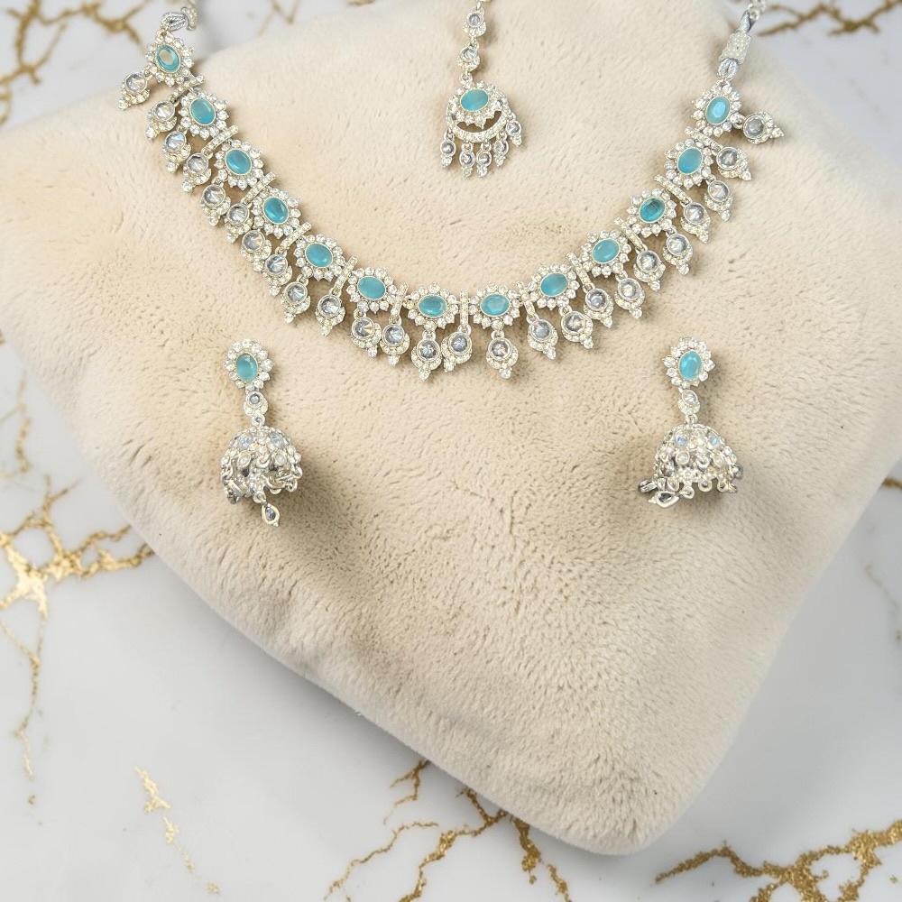 Champagne Crystal Bridal Necklace Set with Tikka & Jhumki Earrings – Elegant Wedding Jewellery - Image 10