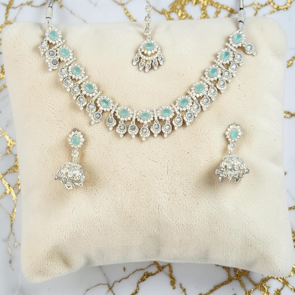 Champagne Crystal Bridal Necklace Set with Tikka & Jhumki Earrings – Elegant Wedding Jewellery - Image 4