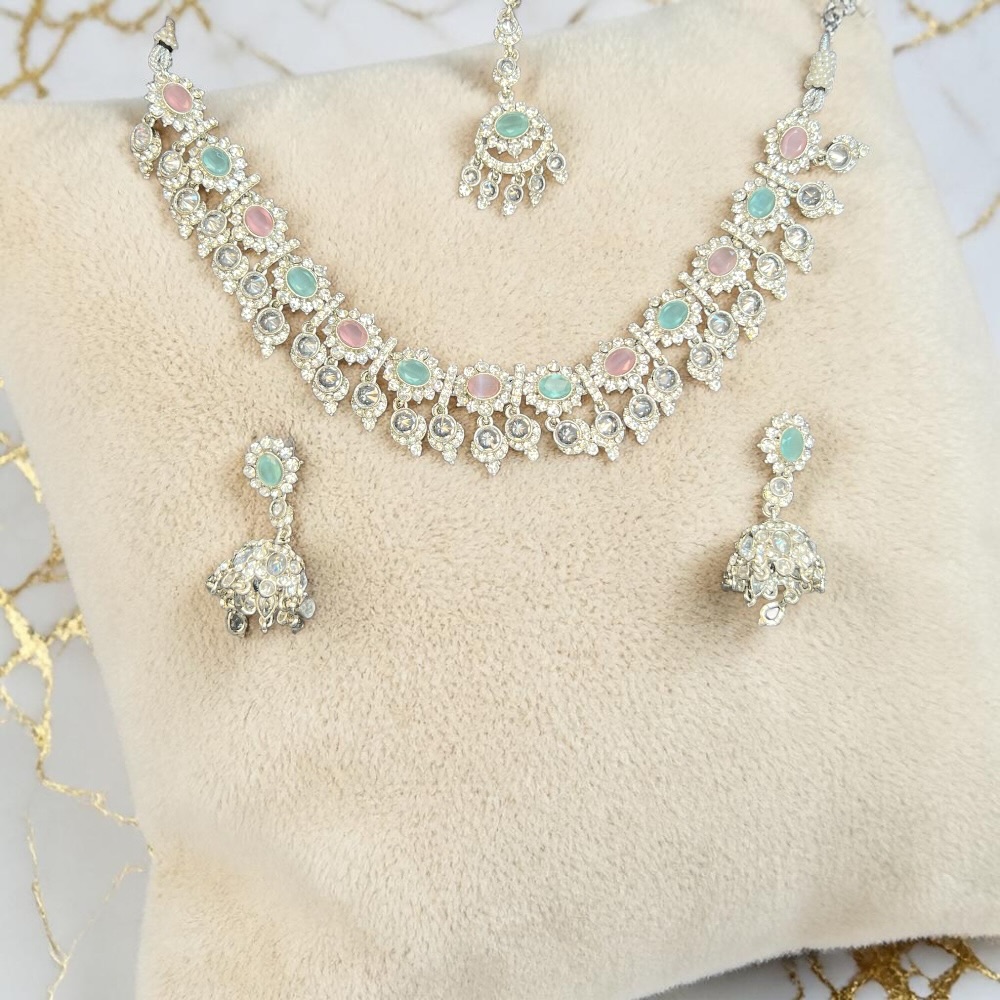 Champagne Crystal Bridal Necklace Set with Tikka & Jhumki Earrings – Elegant Wedding Jewellery - Image 5