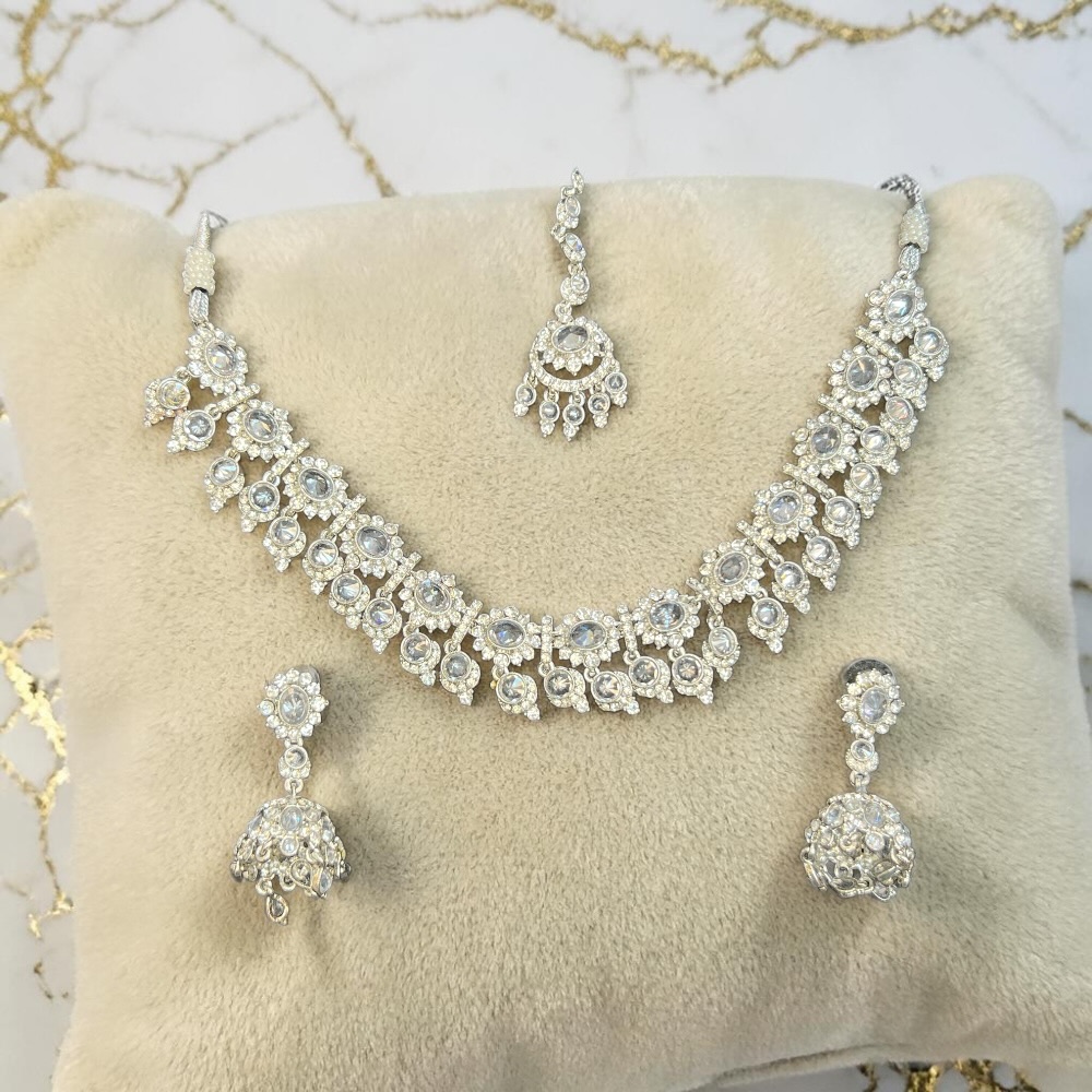 Champagne Crystal Bridal Necklace Set with Tikka & Jhumki Earrings – Elegant Wedding Jewellery - Image 13