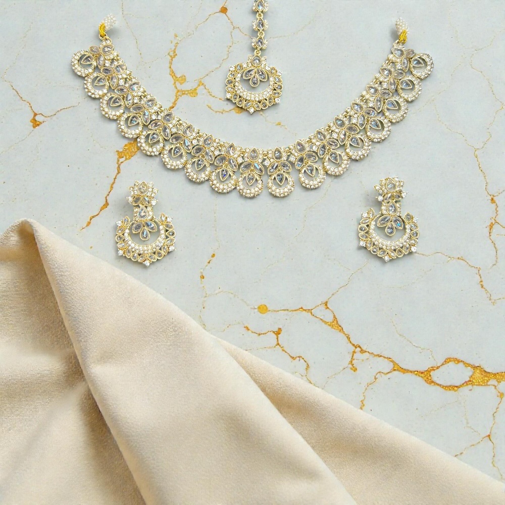 Elegant Necklace Set with Pendant, Earrings & Tikka – Champagne Stone & Silver Option for Women - Image 21