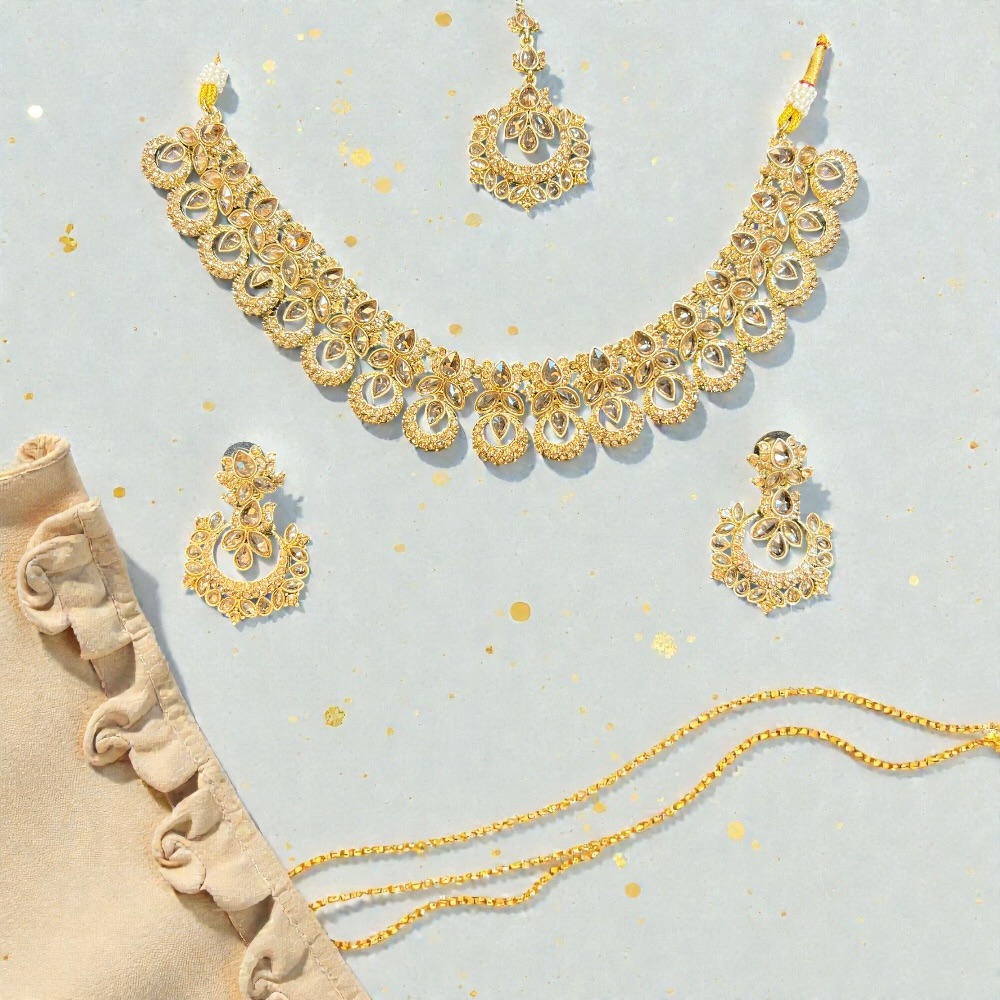 Elegant Necklace Set with Pendant, Earrings & Tikka – Champagne Stone & Silver Option for Women - Image 7