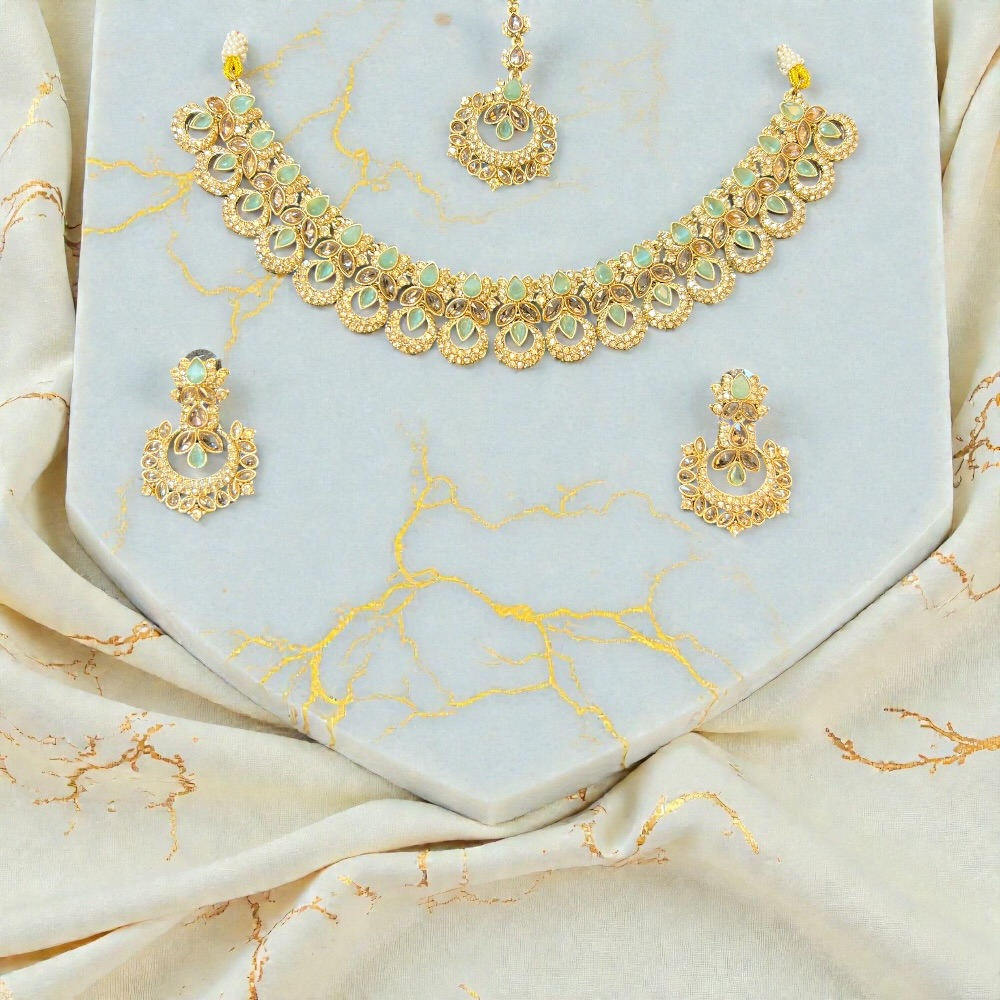 Elegant Necklace Set with Pendant, Earrings & Tikka – Champagne Stone & Silver Option for Women - Image 9
