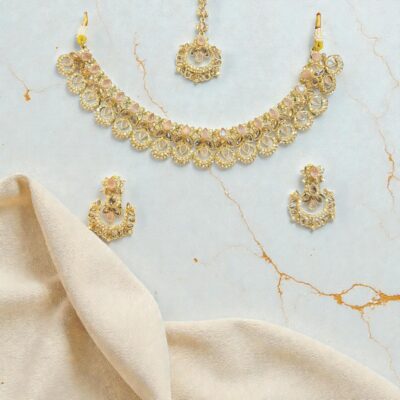 Elegant Necklace Set with Pendant, Earrings & Tikka – Champagne Stone & Silver Option for Women