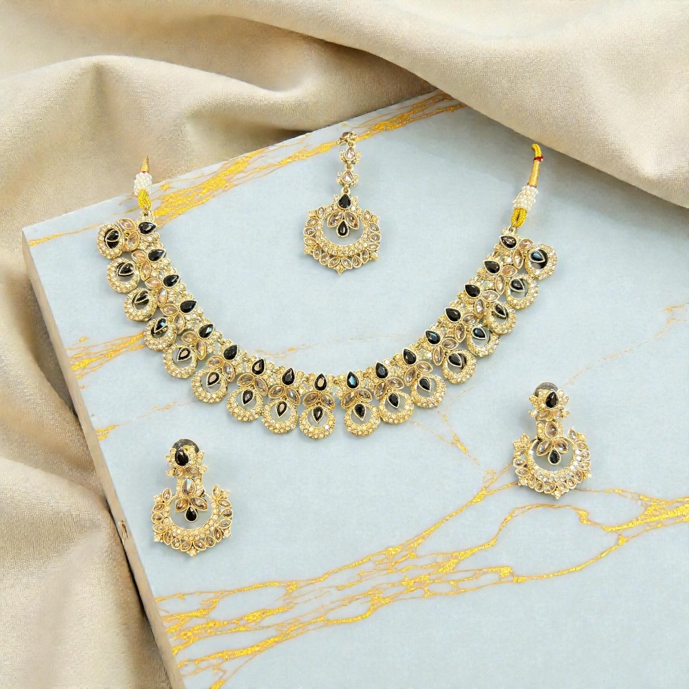 Elegant Necklace Set with Pendant, Earrings & Tikka – Champagne Stone & Silver Option for Women - Image 3