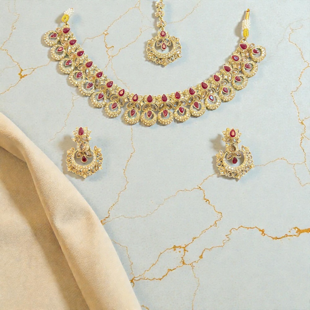 Elegant Necklace Set with Pendant, Earrings & Tikka – Champagne Stone & Silver Option for Women - Image 17