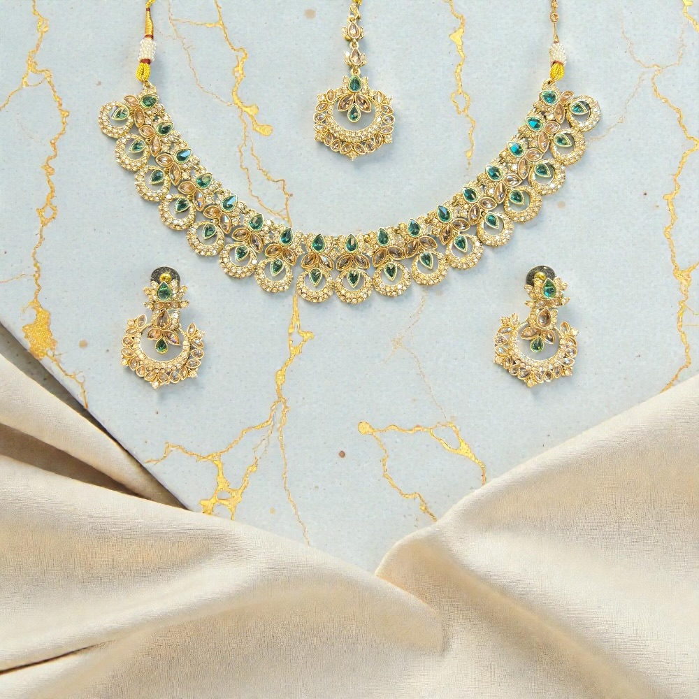 Elegant Necklace Set with Pendant, Earrings & Tikka – Champagne Stone & Silver Option for Women - Image 15