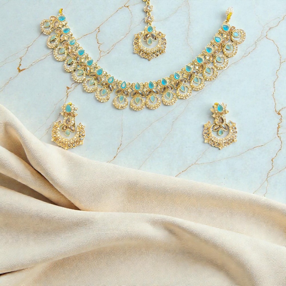 Elegant Necklace Set with Pendant, Earrings & Tikka – Champagne Stone & Silver Option for Women - Image 19