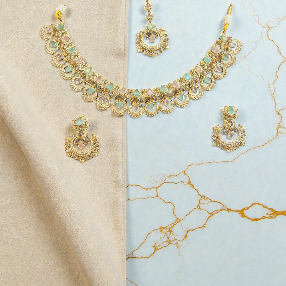 Elegant Necklace Set with Pendant, Earrings & Tikka – Champagne Stone & Silver Option for Women - Image 11
