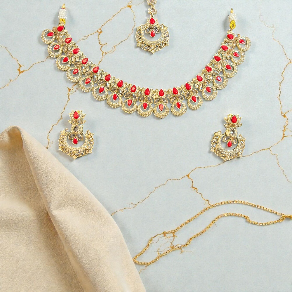 Elegant Necklace Set with Pendant, Earrings & Tikka – Champagne Stone & Silver Option for Women - Image 18