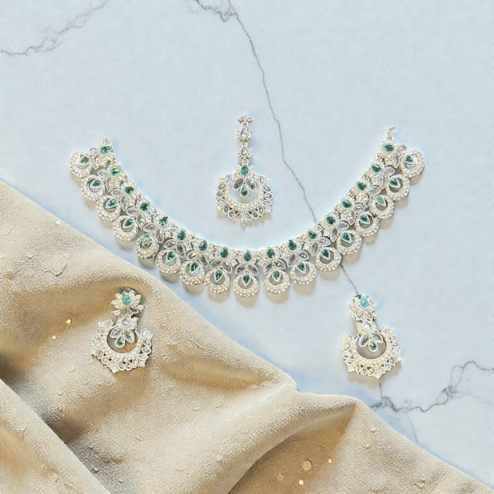 Elegant Necklace Set with Pendant, Earrings & Tikka – Champagne Stone & Silver Option for Women - Image 16