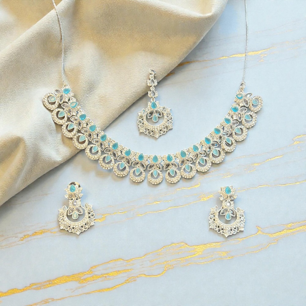 Elegant Necklace Set with Pendant, Earrings & Tikka – Champagne Stone & Silver Option for Women - Image 20